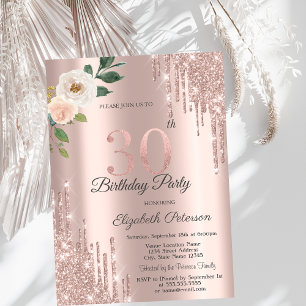 Convites Rosas Brilho Gotas Rosa Dourado Aniversário de 30