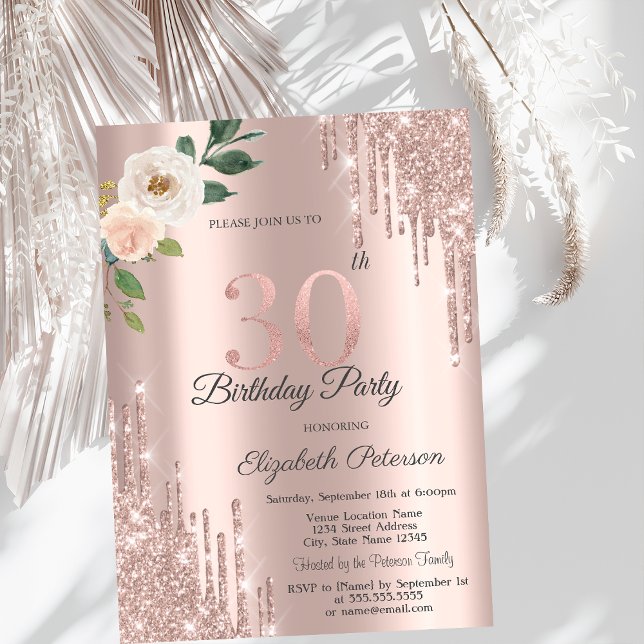 Convites Rosas Brilho Gotas Rosa Dourado Aniversário de 30  (Criador carregado)