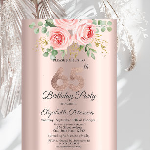 Convites Rosas Brilho Gotas Rosa Dourado Aniversário de 65