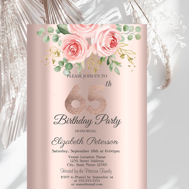 Convites Rosas Brilho Gotas Rosa Dourado Aniversário de 65  (Criador carregado)