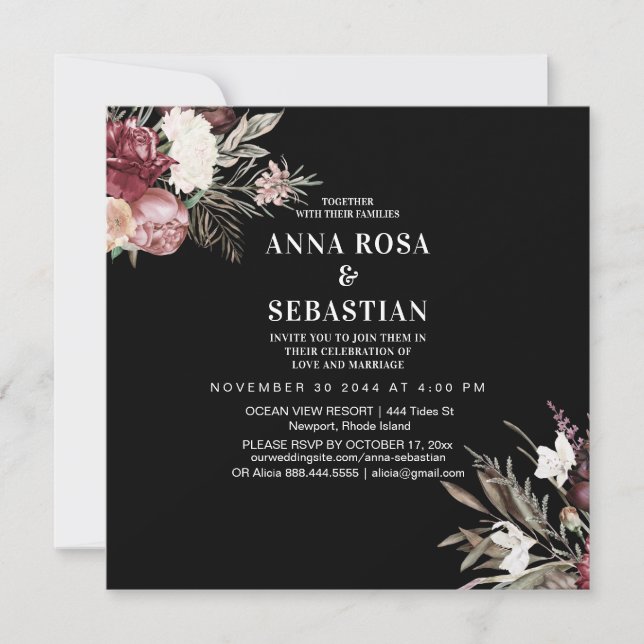 Convites *~* Rosas Burgandy Floral AR15 RSVP + WEDDING (Frente)