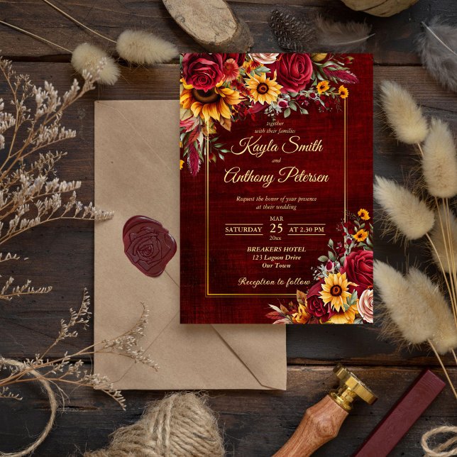 Convites rosas-burgundo-casamento outono girassóis amarelos (Fall rustic cottagecore wedding burgundy roses yellow sunflowers invitation template digital downloa)
