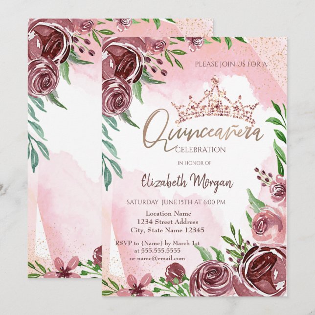 Convites Rosas Burgundy Coroa Quinceañera (Frente/Verso)