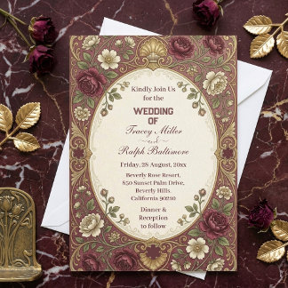 Convites Rosas Burgundy Douradas Belle Epoque Casamento Clá