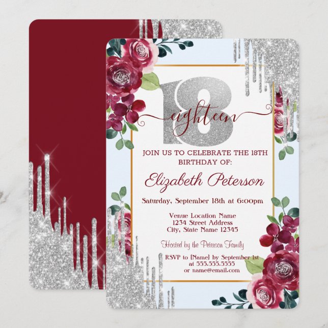 Convites Rosas Burgundy Elegantes com Gotas de Brilho (Frente/Verso)