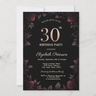 Convites Rosas Burgundy Escuras Elegantes Aniversário de 30