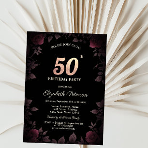 Convites Rosas Burgundy Escuras Elegantes Aniversário de 50