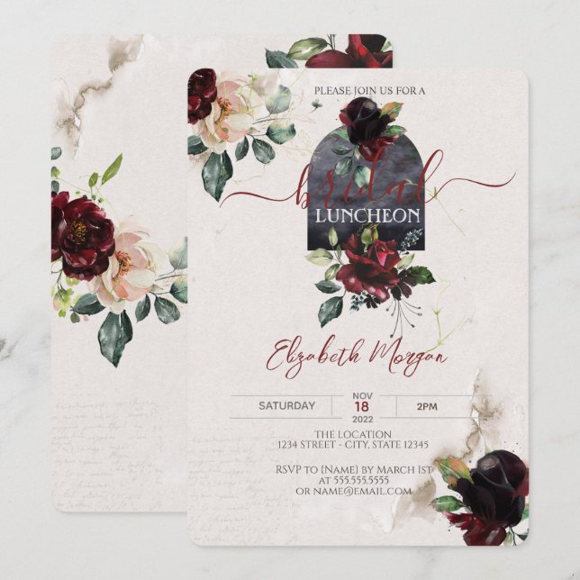 Convites Rosas Burgundy Flores Almoço Bridal  (Frente/Verso)