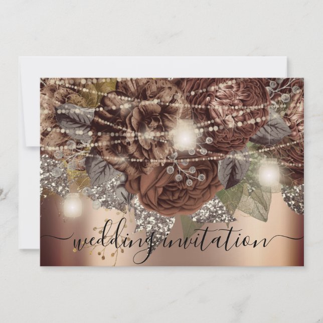 Convites Rosas Castanhos Dourados Rosa de Casamento Bridal  (Frente)