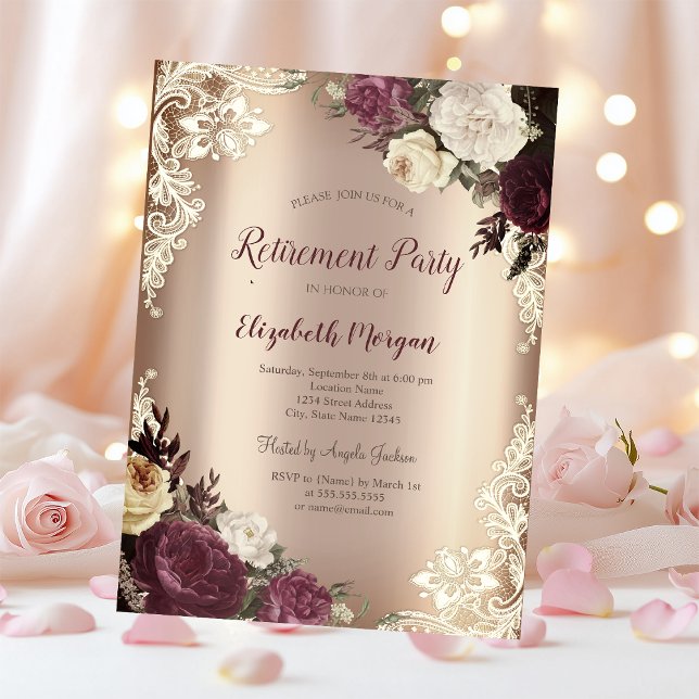 Convites Rosas Chic Burgundy, Baixa de rendas (Criador carregado)