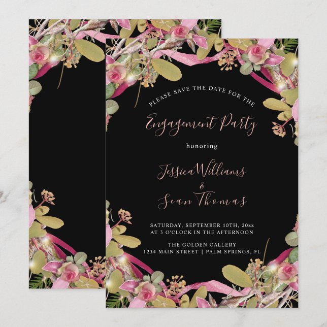 Convites Rosas Chic e Compromisso Floral Folhagem (Frente/Verso)