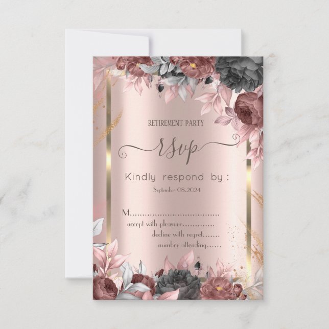 Convites Rosas Chic Moldura Dourada 16 RSVP (Frente)