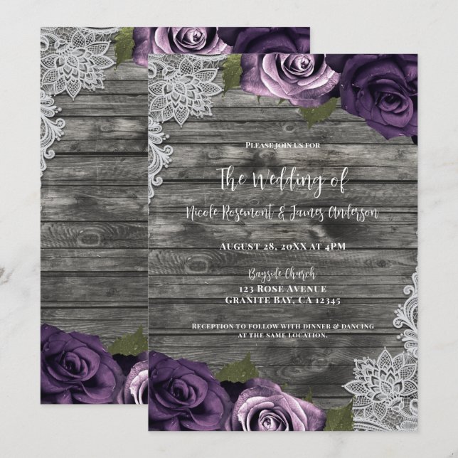 Convites Rosas Cinza Rústico Branco Renda Casamento Deep Pu (Frente/Verso)