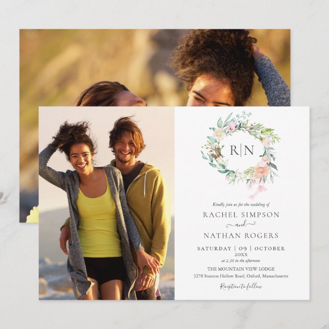 Convites Rosas com folhagens Monograma Floral Casamento com (Frente/Verso)