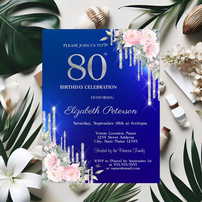 Convites Rosas com Pingos de Brilho Prateado 80º Aniversári (Criador carregado)