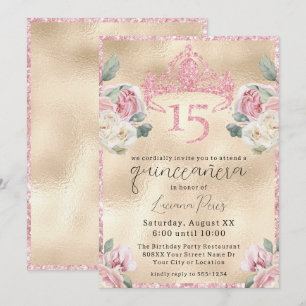 Convites Rosas com Tiara de Brilho em Quinceañera Dourada