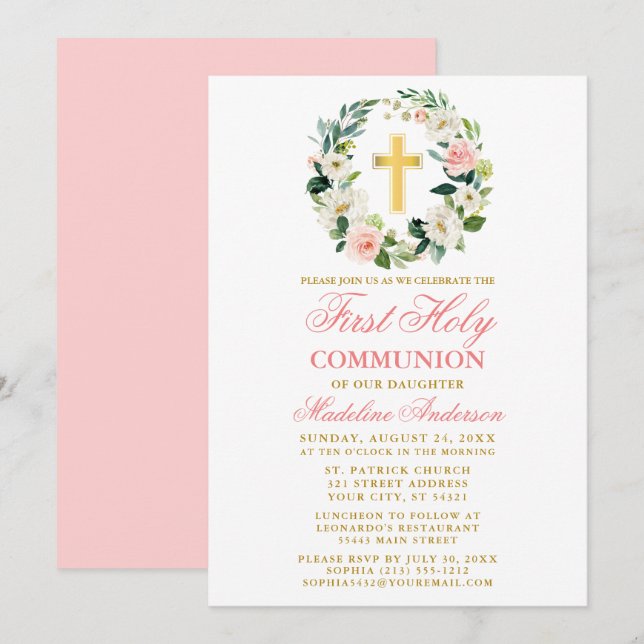 Convites Rosas Cor-de-Água Rosa Rua Primeira Comunhão Doura (Frente/Verso)