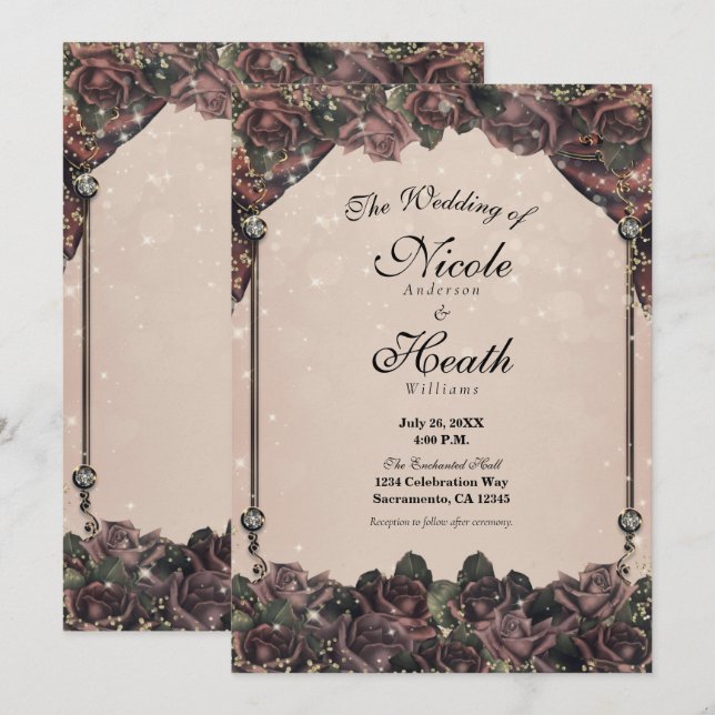 Convites Rosas Cor de Malva com Brilho Brilham Casamento de (Frente/Verso)