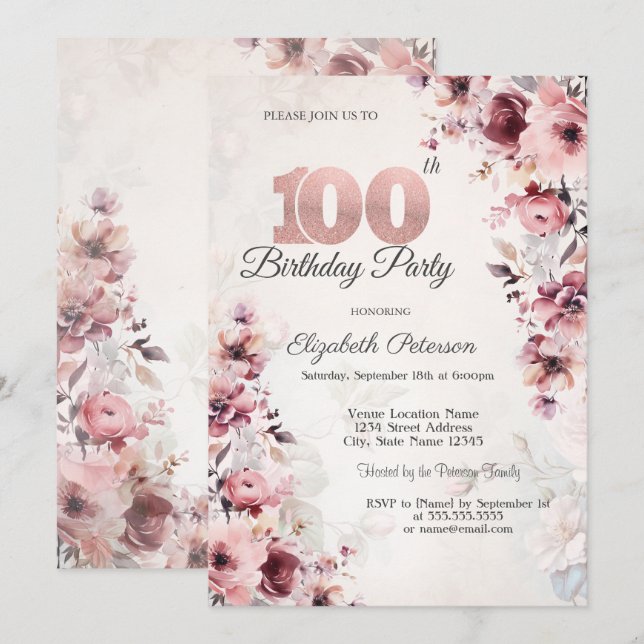 Convites Rosas Cor-de-Rosa 100º Aniversário (Frente/Verso)