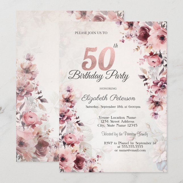 Convites Rosas Cor-de-Rosa 50º Aniversário (Frente/Verso)
