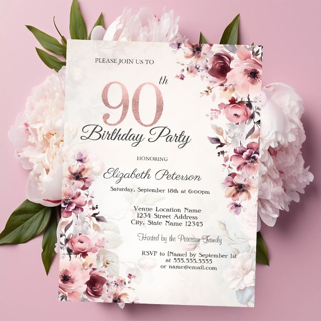 Convites Rosas Cor-de-Rosa 90º Aniversário (Criador carregado)