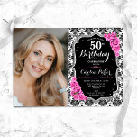 Convites Rosas cor-de-rosa Black Silver Damask Foto 50th Bi<br><div class="desc">Elegante convite floral feminino para o 50º aniversário com sua foto. Design cor-de-rosa preto-claro com prata brilhante. Apresenta cor damasco preta e branca, rosas cor-de-rosa, fonte de script e confetti. Perfeito para uma festa de comemoração de na moda adulto. Personalize com seus próprios detalhes. Pode ser personalizado para qualquer idade!...</div>