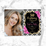 Convites Rosas cor-de-rosa Black White Damask Foto 50th Bir<br><div class="desc">Elegante convite floral feminino para o 50º aniversário com sua foto. Design cor-de-rosa preto brilhante com ouro brilhante. Apresenta cor damasco preta e branca, rosas cor-de-rosa, fonte de script e confetti. Perfeito para uma festa de comemoração de na moda adulto. Personalize com seus próprios detalhes. Pode ser personalizado para qualquer...</div>