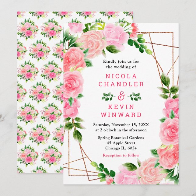 Convites Rosas Cor-de-Rosa com Folhagem de Casamento (Frente/Verso)