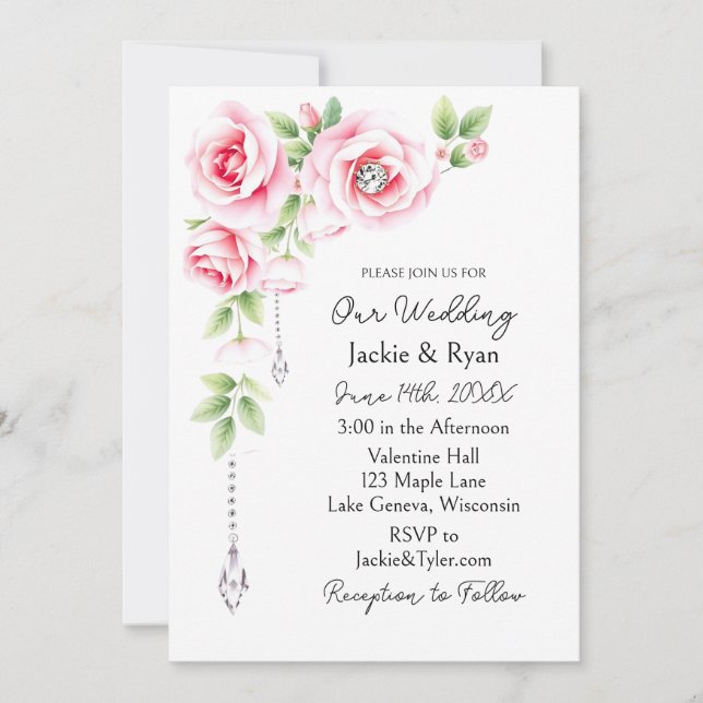 Convites Rosas Cor-de-Rosa e Diamantes Floral Casamento  (Frente)