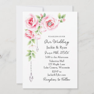 Convites Rosas Cor-de-Rosa e Diamantes Floral Casamento