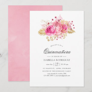 Convites Rosas cor-de-rosa e Douradas Quinceañera