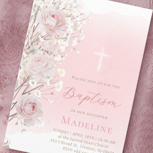 Convites rosas cor-de-rosa e gipsófila Batismo menina