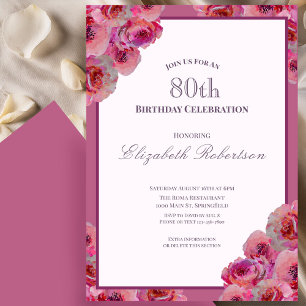 Convites Rosas Cor-de-Rosa Elegantes Aniversário de 80 Anos