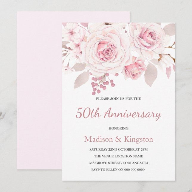 Convites Rosas Cor-de-Rosa Elegantes de 50º Aniversário de  (Frente/Verso)