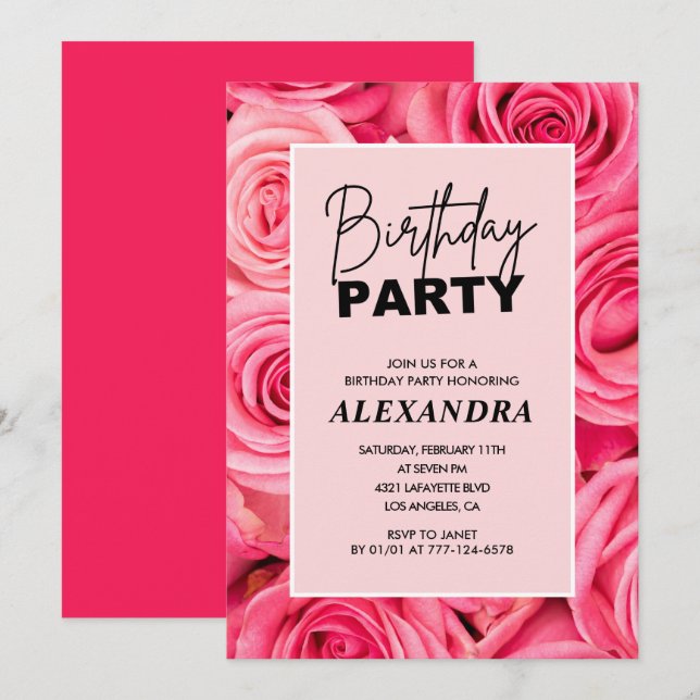 Convites Rosas Cor-de-Rosa Elegantes Florais 81º aniversári (Frente/Verso)
