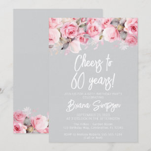Convites Rosas Cor-de-Rosa em Flores Cinzas para Aniversári