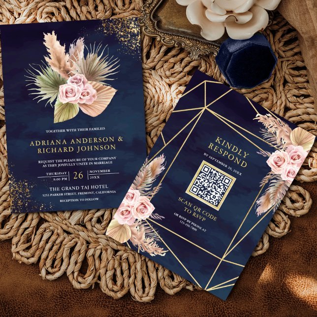 Convites Rosas Cor-de-rosa Empolvilhadas Azul Marinho Códig (Criador carregado)