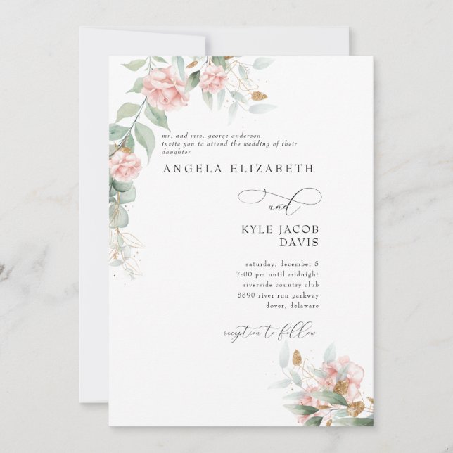 Convites Rosas Cor-de-Rosa Eucalipto Noiva Pais Casamento (Frente)