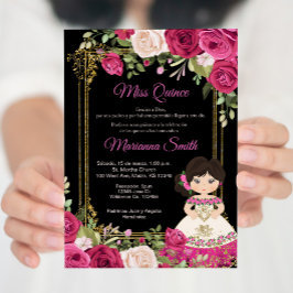 Convites Rosas Cor-de-Rosa & Fundo Preto Quinceanera  