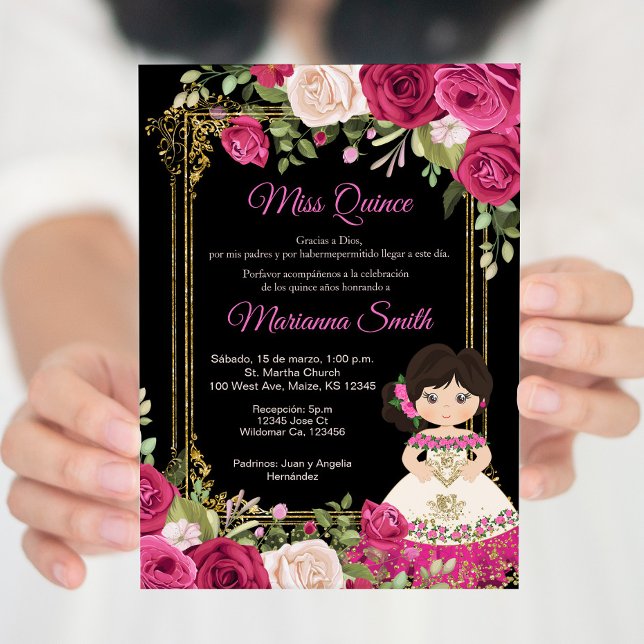 Convites Rosas Cor-de-Rosa & Fundo Preto Quinceanera   (Criador carregado)