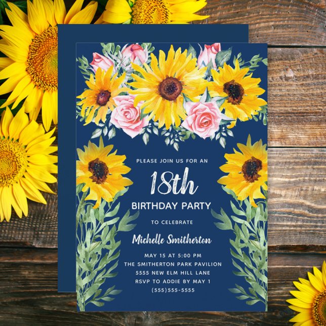 Convites Rosas cor-de-rosa Girassóis Marinho Azul 18º Anive (Sunflowers and pink roses on navy blue custom 18th birthday party invitation)