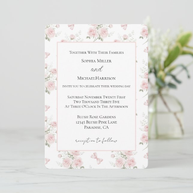 Convites Rosas Cor-de-rosa Laços Casamento (Em pé/Frente)