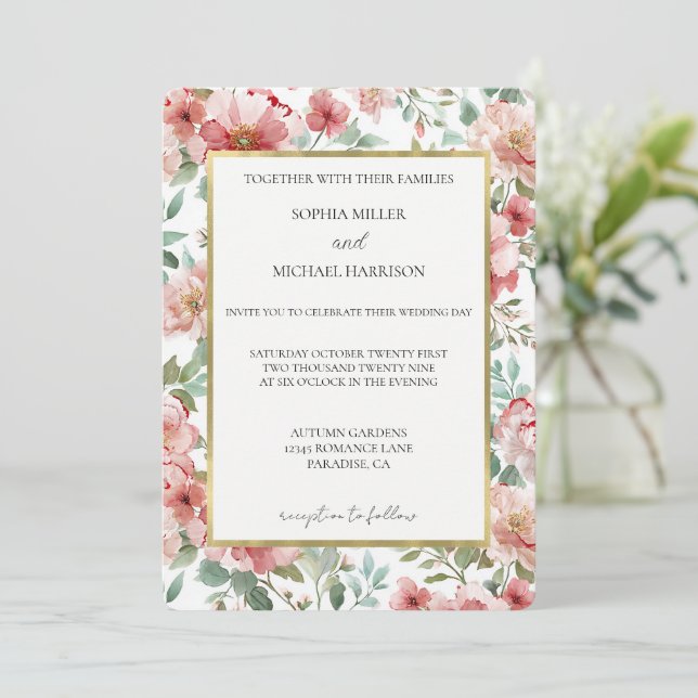 Convites Rosas Cor-de-Rosa Lindas Casamento Floral (Em pé/Frente)