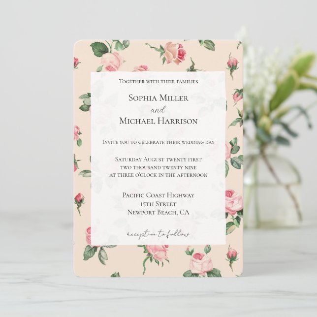 Convites Rosas Cor-de-Rosa Lindas - Casamento Floral (Em pé/Frente)