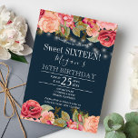 Convites Rosas cor-de-rosa luzes de corda douradas azul-mar<br><div class="desc">Modelo de convite de festa sweet sixteen de luxo elegante estilo romântico vintage com bordas de rosas peônia cor-de-rosa e pêssego dourado e flores e cordas rústicas douradas ou luzes cintilantes em um fundo de quadro-negro azul-meia-noite. ----- O convite é adequado para festas ao ar livre na primavera ou no...</div>