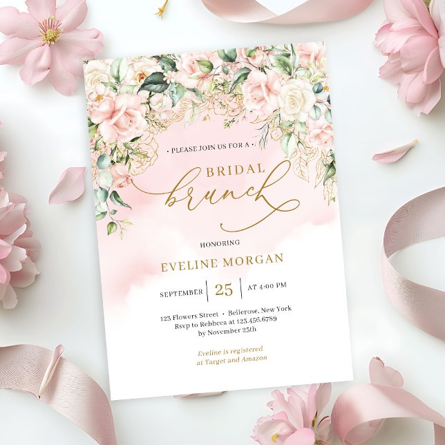 Convites Rosas cor-de-rosa macio e brunch-bronze dourado (Ethereal pale pink roses sage greenery and gold bridal brunch invitation )