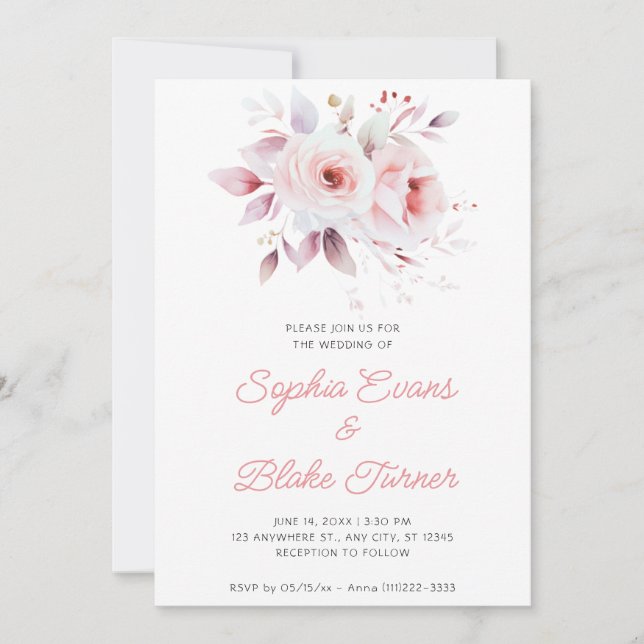 Convites Rosas Cor-de-Rosa Modernas Casamento Branco (Frente)