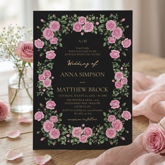 Convites Rosas Cor-de-Rosa Quadro Botânico Elegante Casamen (Criador carregado)