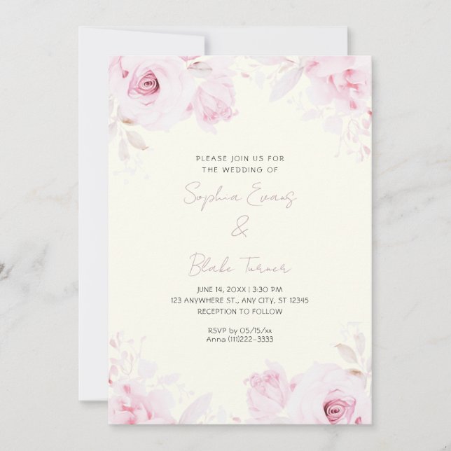 Convites Rosas Cor-de-Rosa Românticas Casamento Amarelo Cla (Frente)