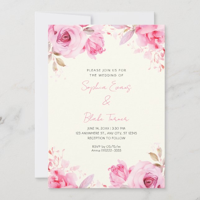 Convites Rosas Cor-de-Rosa Românticas Casamento Amarelo Cla (Frente)